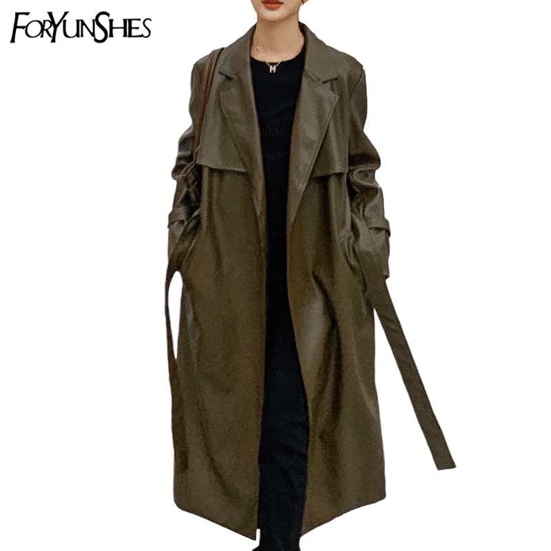FORYUNSHES Winter Women's PU Windbreaker Notched Collar Fall New Fashion Belt Trench Coat Ladies Faux Leather Long Coats 201030