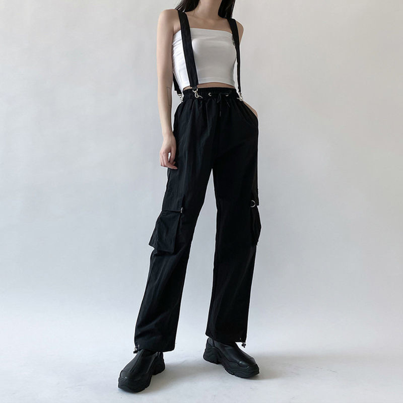 Women Fashion Harajuku Cargo Pants Black Detachable Strap Trousers Female Elastic Waist Streetwear Pants Plus Zise Casual Pants 201113