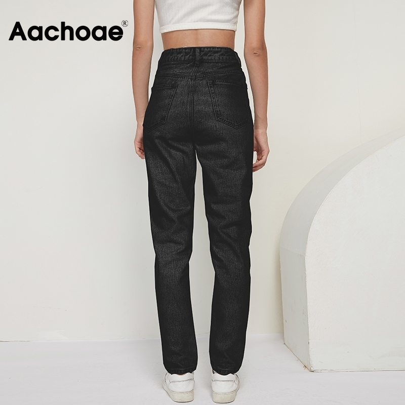 Aachoae Fashion 100 Cotton Mom Jeans Women High Waist Solid Pockets Cowboy Pants Zipper Fly Long Denim Pencil Trousers 201105