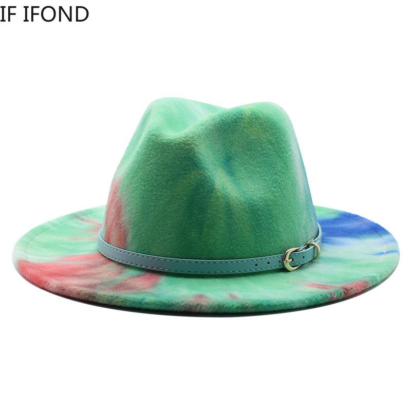 56-58cm Tie dye Wide Brim Fedora Hat Women Men Wool Felt Jazz Hats with Simple Belt Top Hat, Green 
56-58cm Tie dye Wide Brim Fedora Hat Women Men Wool Felt Jazz Hats with Simple Belt Top Hat, Green