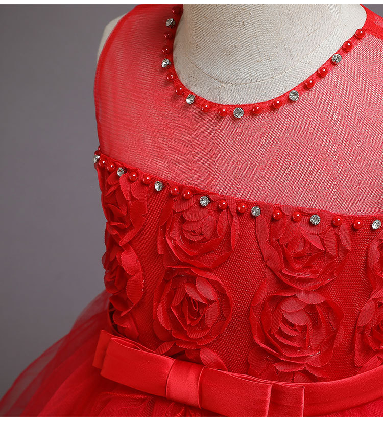 Fashion Red White Flower Girls' Dresses Ball Gown Beaded Crystal Bow Rosette Flower Girl Dresses Kids Wedding Dress
