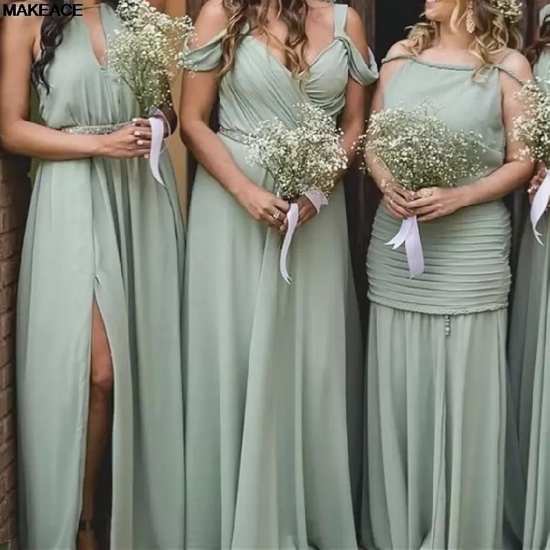 Sage Green Bridesmaid Dresses Chiffon A Line Halter Straps Floor Length Side Slit Plus Size Maid Of Honor Gown Country Wedding Formal Evening Wear Ves