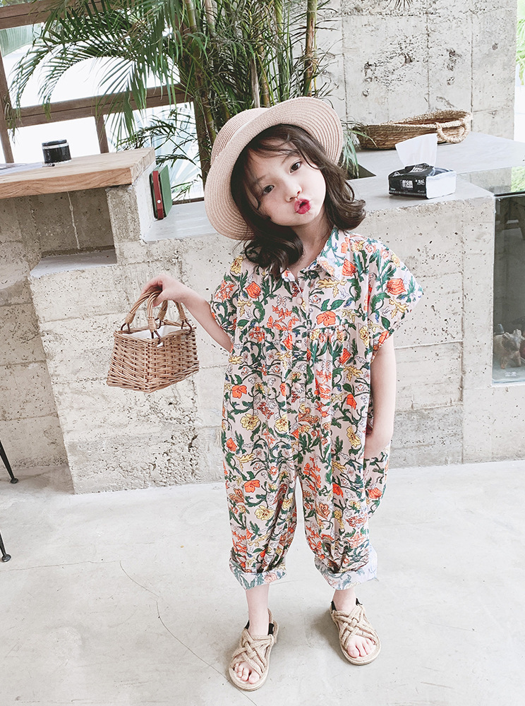 Girl Cotton Jumpsuit Shredded Flower Korean Kids Loose Jumpsuit Clothes 3-8 Yrs Old Children Clothing Short Sleeve Baby Rompers Y1221