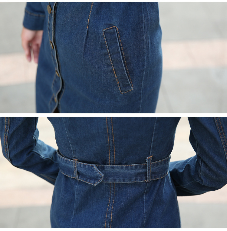 Women Autumn Cotton Slim Denim Trench Coat Long Sleeve Vintage Casual Jeans Windbreaker Pencil Dress with Belt Overcoat 4XL 201111