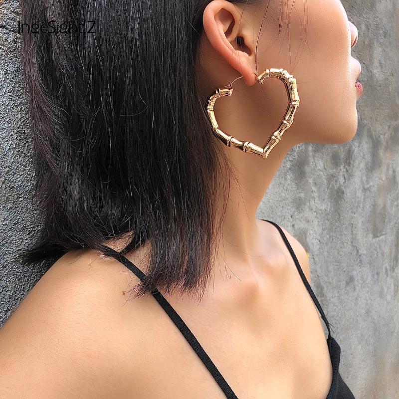 IngeSight.Z Punk Geometric Love Heart Bamboo Hoop Earrings Statement Gold Color Metal Earrings for Women Jewelry Oorbellen Party