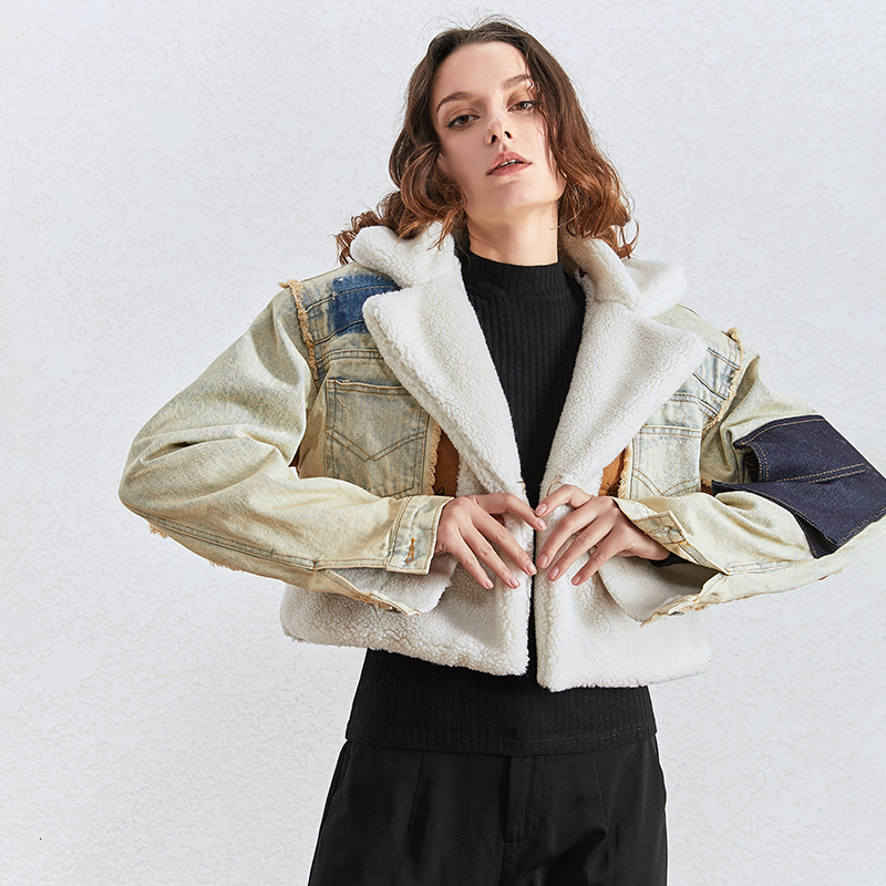 TWOTWINSTYLE Patchwork Hit Color Denim Jacket Women Lapel Collar Long Sleeve Pocket Irregular Coats Female Fashion Clothing 201023
