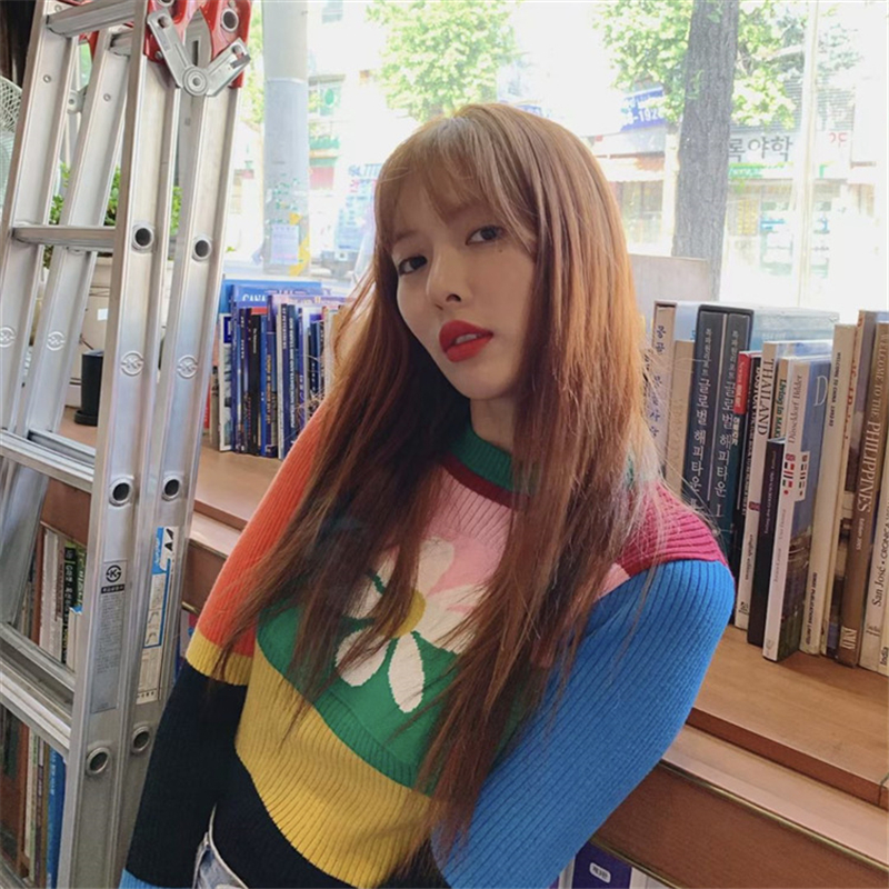 Womens Flower Print Rainbow Striped Sweater Stretch Fitted Long Sleeve Pullover Knit Top Dolly Sweater Harajuku e-Girl Outfit / 201130