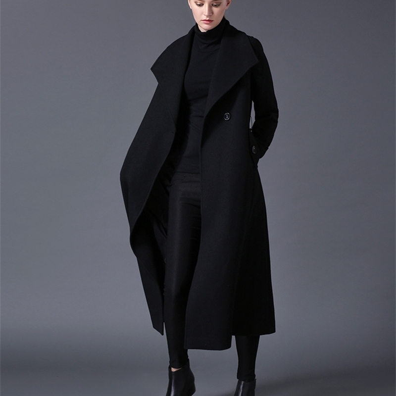 winter women's wool coat lapel black dark blue long section listing large size 201223