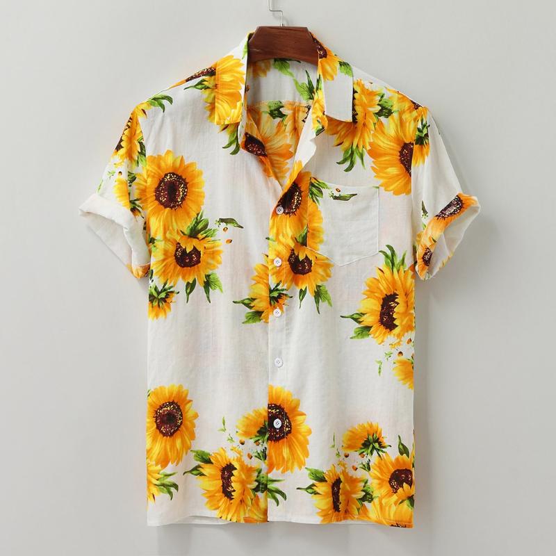 Fashion Plus Size Shirts Mens Summer Sunflower Pattern Shirts Casual Short Sleeve Beach Loose Blouse 2020 Hawaiian Shirt #31