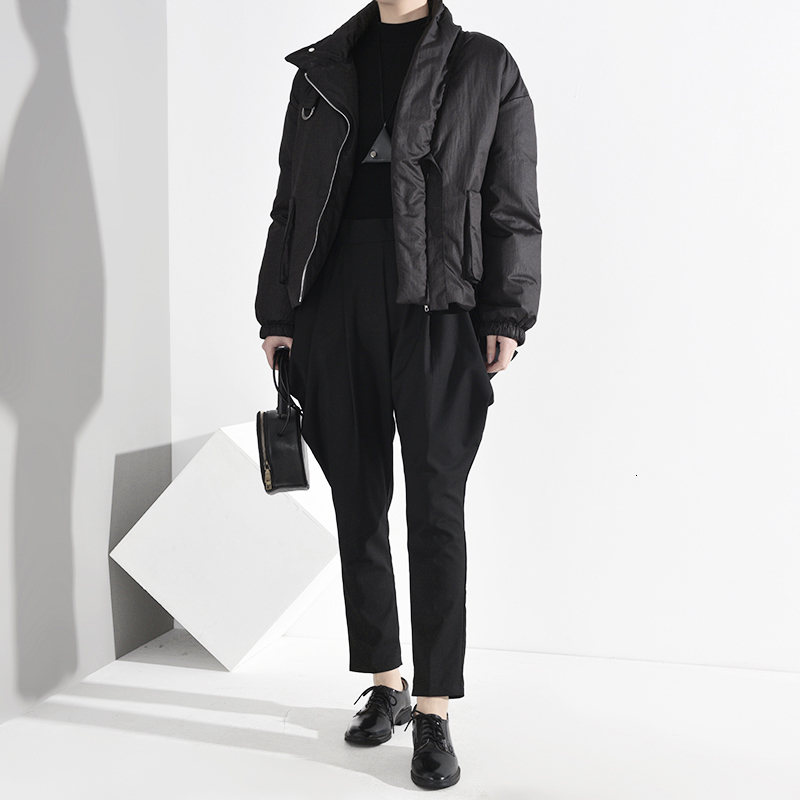 EAM Black Pocket Big Size Short Cottonpadded Coat Long Sleeve Loose Fit Women Parkas Fashion Spring Autumn A819 201017