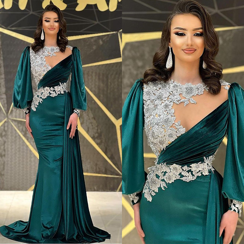 Sage Prom Dress Jewel Long-sleeves Custom made Velvet Appliques Race Floor-length Formal Party Evening Dresses