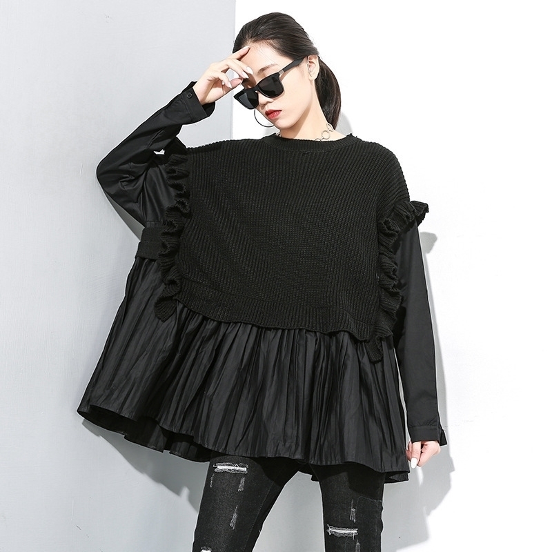 LANMREM New Stitching Sets Of Ruffled T-shirt Personality Large Size Round Neck Long-sleeved Bat Shirt Women PC056 201028