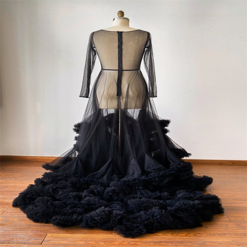 Illusion Bridal Sleepwear Soft Tulle Jewel Long Sleeves Ruffles Tiered Custom Made Wedding Robes Nightgown Sweep Train - view 5
