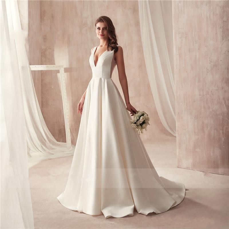 Plus Sexy Cheap Size Dresses With Pocket Satin Deep V Neck Open Back Or Length Wedding Dress Bridal Gowns Robes De Marie