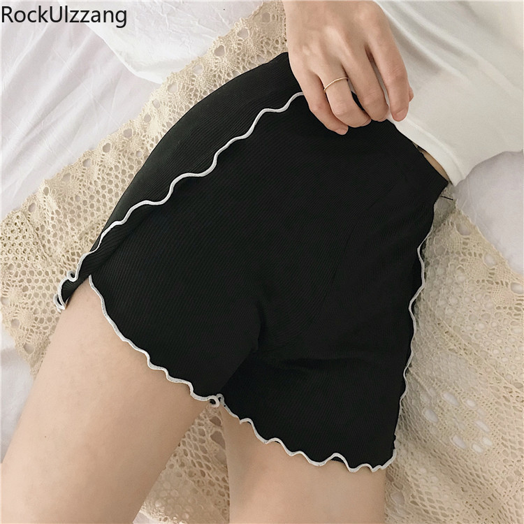 Sexy Elastic High Waist Ruffles Skinny Hot Short Sleep Home Night Lingerie Safety Pant Summer Women Sleepwear Lolita Cute Knit T200602