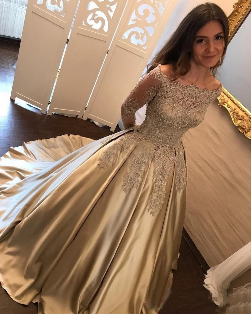 Formal Evening Party Pageant Gowns Long Sleeve Prom Dress Dubai 2k17 Gold Lace Evening Dresses Cheap Vintage
