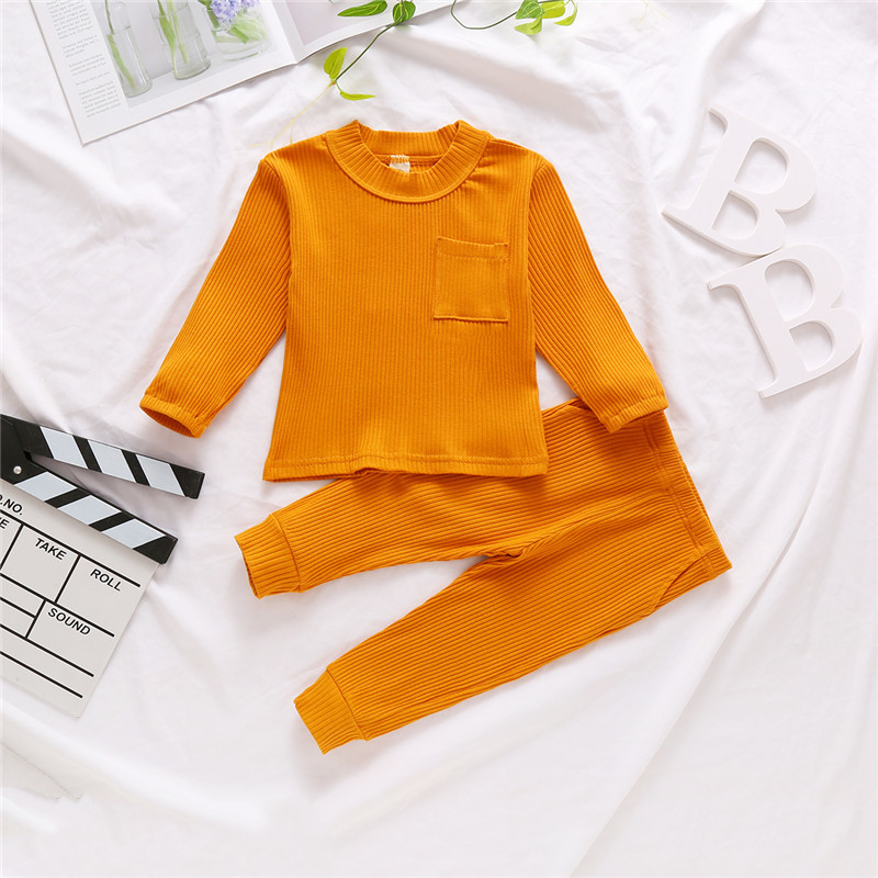 Baby Girl Boy Rib Knitted Clothing Set Long Sleeve Top with Pocket + Pants 6M-4Y Kids Autumn Casual Solid Cotton LoungewearX1019
