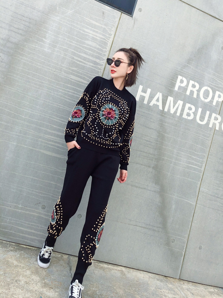 Beaded Cross- 2-Piece Sweater & Pants Casual Suit Set For Women In Various Colors