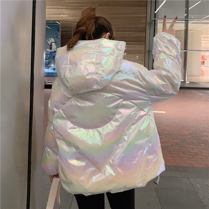 Harajuku Colorful Streetwear Glossy Winter Oversize Jacket Women Thick Padded Outwear Shiny Drawstring Jacket Cotton Parkas 200928