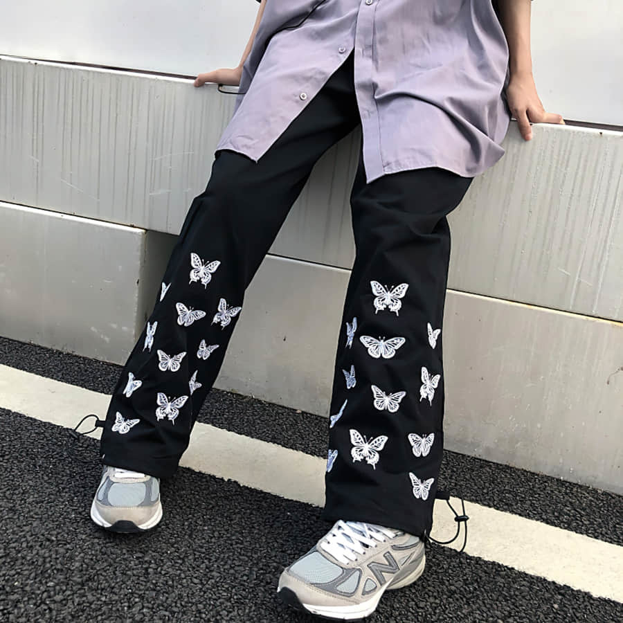 New Autmun High Waist Pants Women Cargo Sweatpants Embroided Butterflies Wide Leg Straight Plus Size Casual Trousers Streetwear 201112
