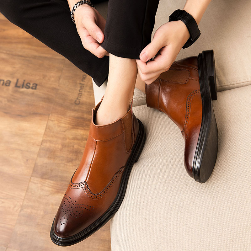 Hot Sale-Autumn Genuine Leather Brogue Shoes Men Vintage British Casual Fashion Dress Ankle Boots Business Work Wedding Boots