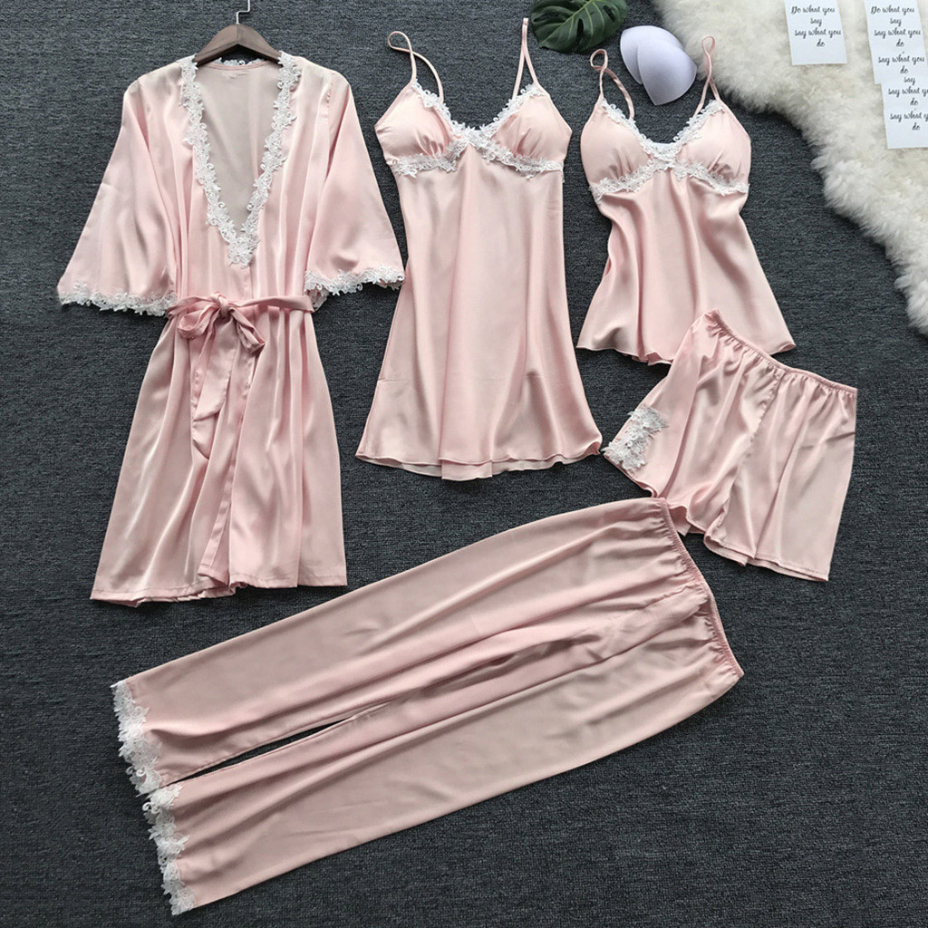 Sexy Women Robe&Gown Sets Lace Bathrobe + Night Dress 5Pcs Sleepwear Womens Sleep Lounge Set Faux Silk Robe Femme Lingerie *S 210203