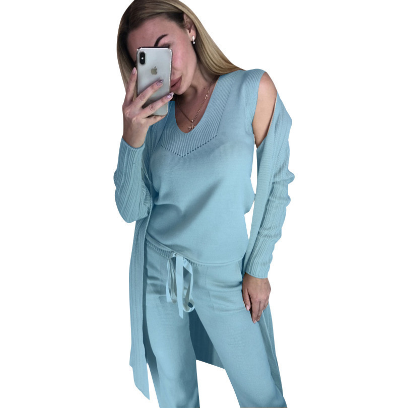 MVIRLRU Autumn Women Knitted SuitsSolid Long Cardigans and Vest Pullover Tops and Trouser 3 Piece Set 201119
