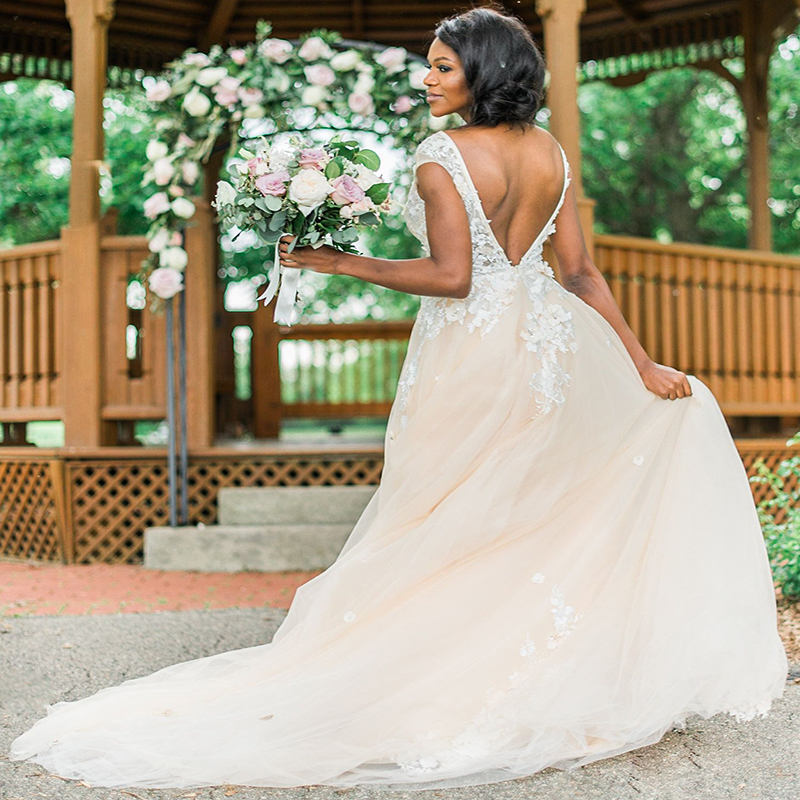 Elegant Champagne Bohemian Wedding Dress Hippies 2022 Scoop Neck A Line Summer Beach Wedding Dresses With Flower Lace Sexy Tulle African Bridal Gowns 
