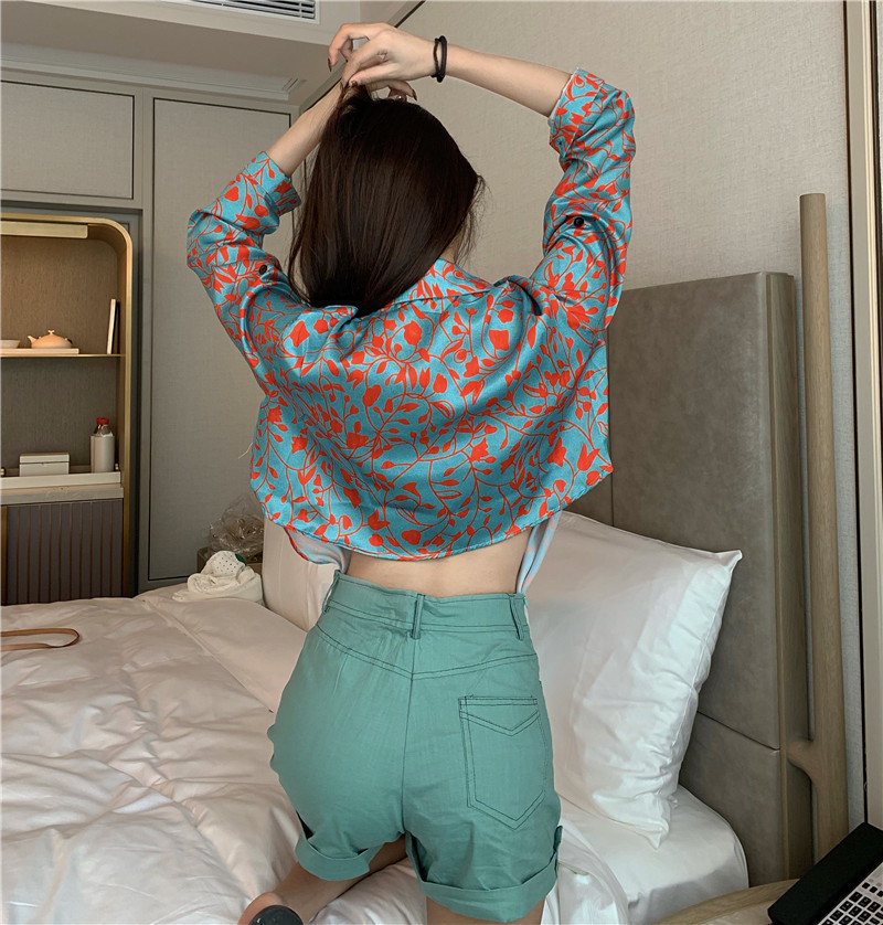 HELIAR twopiece Sets Women Autumn irregular Lapel Print Long Sleeve Shirt And High Waist Wide leg Denim Shorts Suits For Women T200325