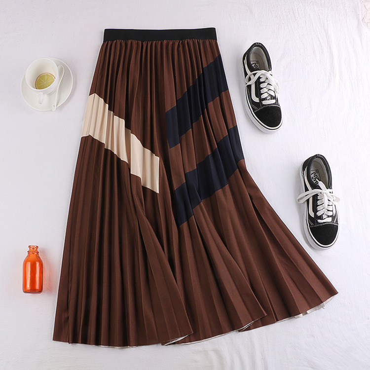 Autumn New Arrival 3 Color Aline Temperament Color Matching Collage Skirt Cotton Pleated Skirt Striped Skirt 201110