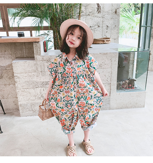 Girl Cotton Jumpsuit Shredded Flower Korean Kids Loose Jumpsuit Clothes 3-8 Yrs Old Children Clothing Short Sleeve Baby Rompers Y1221
