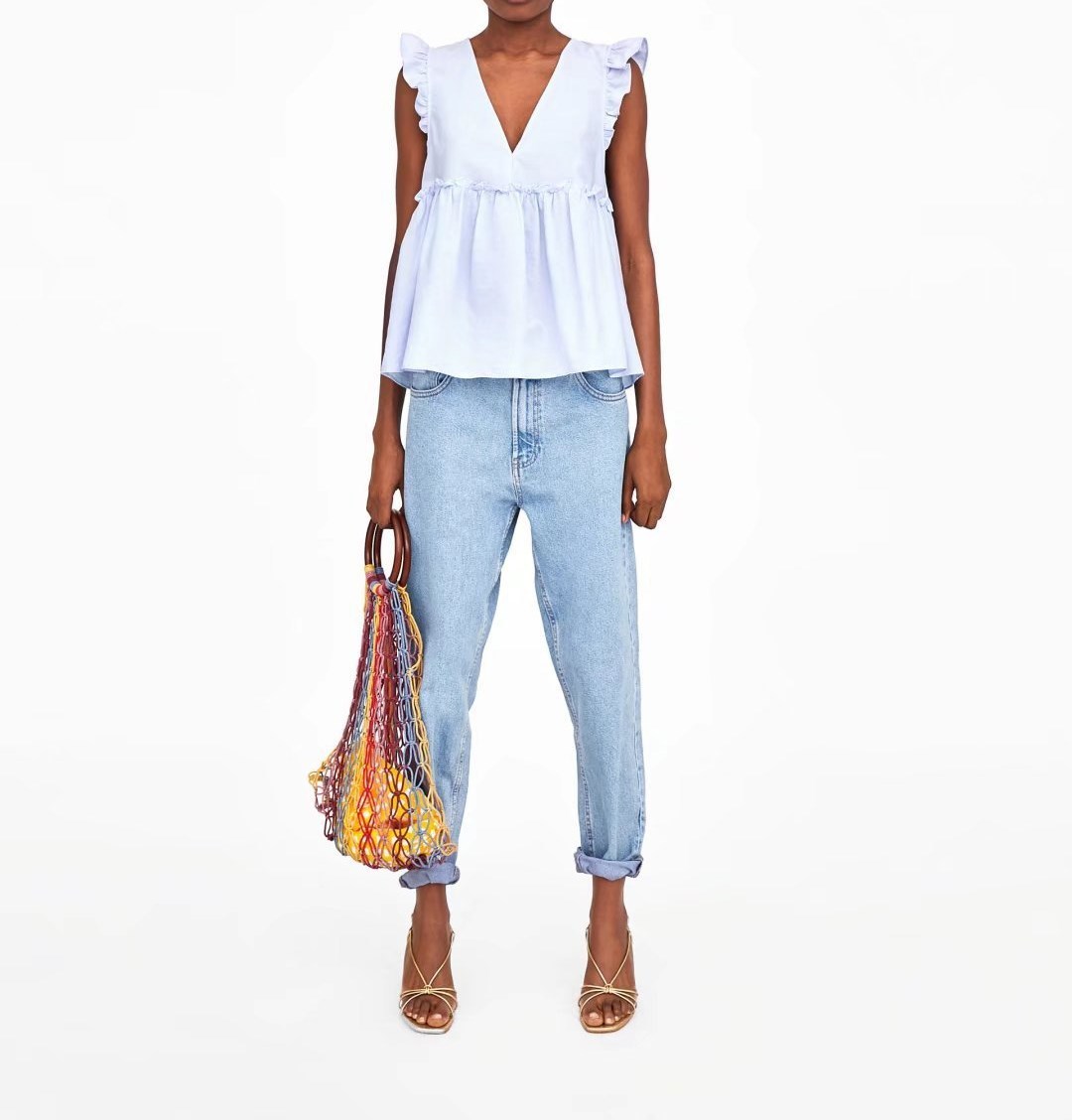 2019 Summer Women Ruffles Elegant Blouse Sweet V Neck Back Bow Tie Sleeveless Shirt Pleated Solid Casual Top T200321