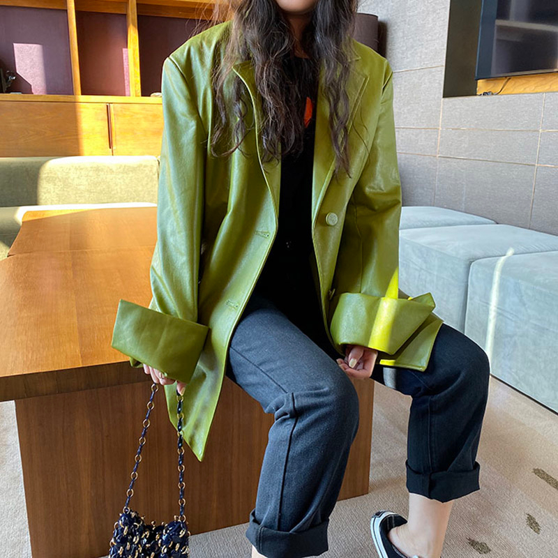 Korean Loose Fit Solid Color Pu Leather Jacket Lapel Long Sleeve Women Coat Fashion Spring leather coat PY137 201020