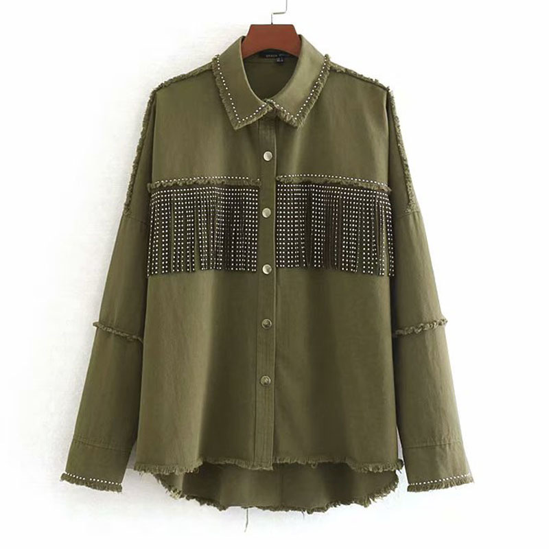 Army Green Lapel Stylish Oversized Beading Decorate Denim Women Jacket Tassel Long Sleeve Coat Female Outwear Loose Tops Black 201109