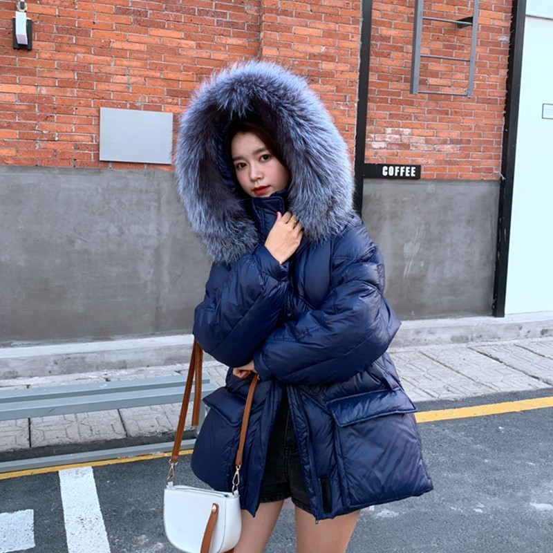 FTLZZ Winter New Women Jacket Fox Fur Collar Hooded White Duck Down Parkas Tuck In The Waist Casual Short Oversized Snow Outwear 201019