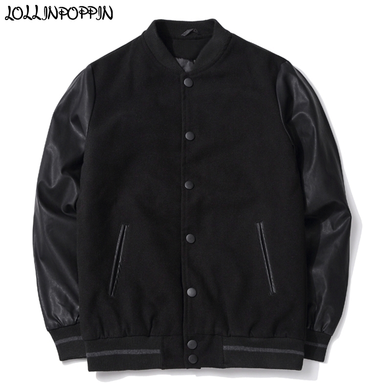Men PU Leather Sleeve Woolen Varsity Baseball Jacket Stand Collar Black Preppy Japan Style Male Outerwear Autumn 201130