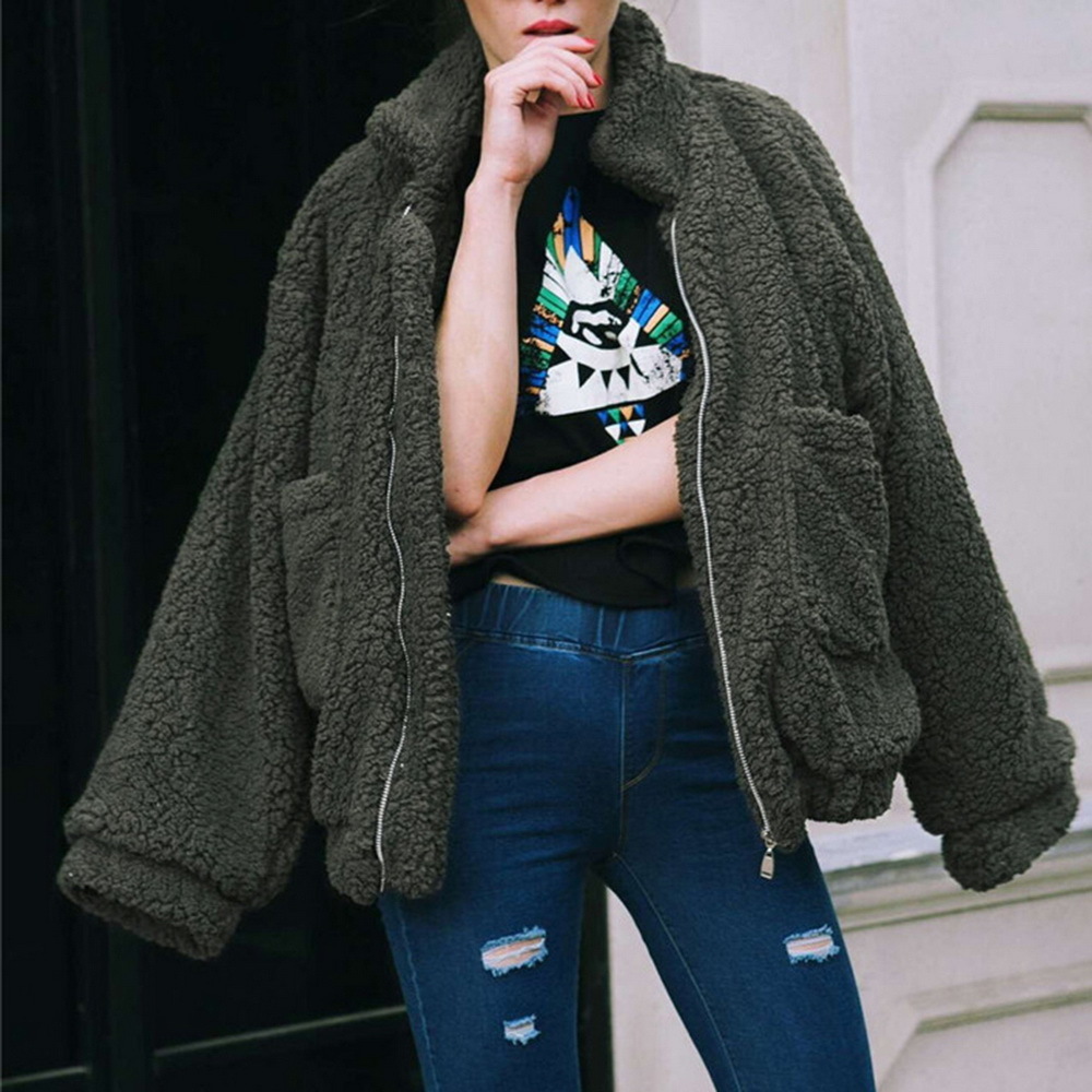 Autumn Winter Faux Fur Coat Women Casual Warm Soft Zipper Fur Jacket Plush Overcoat Pocket Plus Size Coat Female 201019