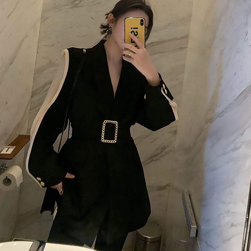 EAM Spring Autumn Lapel Long Sleeve Hit Color Split Joint Loose Temperament Jacket Women Coat Fashion JU298 201017