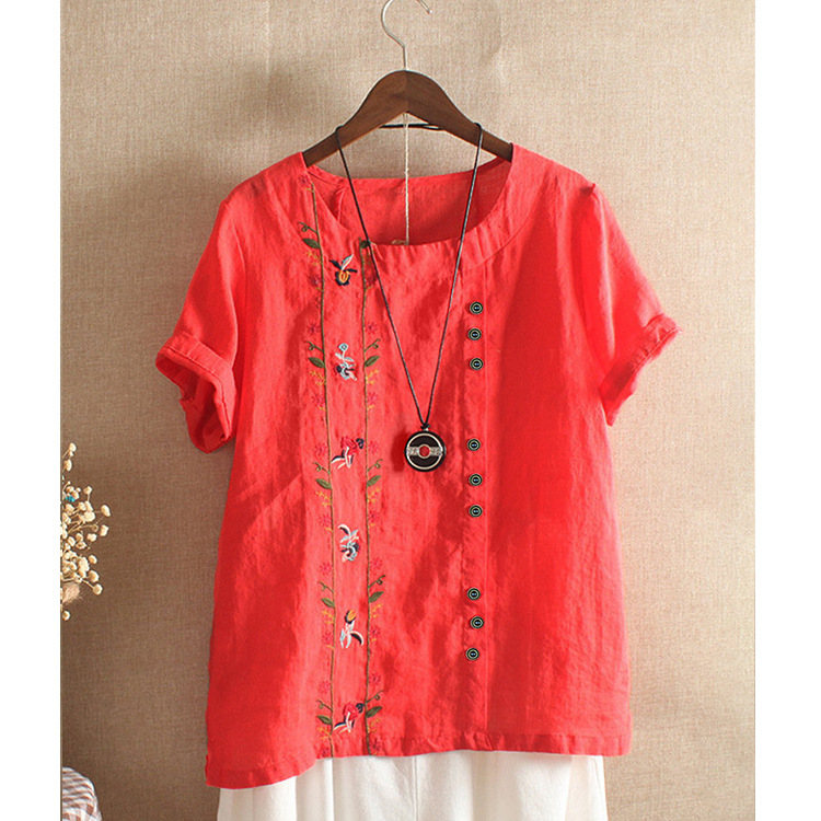 plus size 5xl Summer Kawaii Embroidery of cotton and linen flowers T Shirts Women o neck Short Sleeve Tops Tees Casual Female