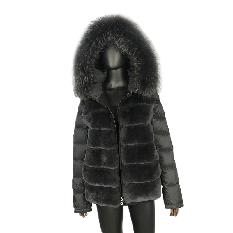 Coat Real Rabbit Fur Hooded Black Down Jacket Winter Women Classic Short Casual Outerwear Real Raccoon Fur Collar fur coat women 201112