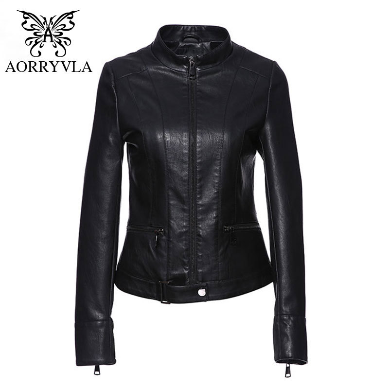 AORRYVLA New Autumn Women's Leather Jacket Slim Black PU Faux Leather Coats Mandarin Collar Motor Biker Jacket With Belt 201226