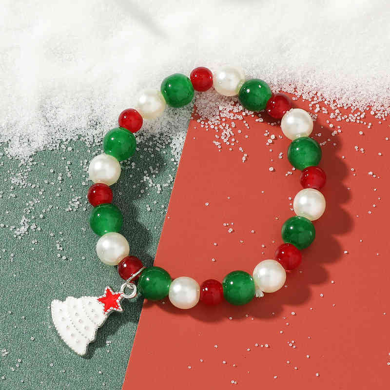 Fashion Charming Red White Green Beads Christmas Snowflake Tree Elder Elk Ornament Bracelet Women Wrist Jewelry Birthday Gifts