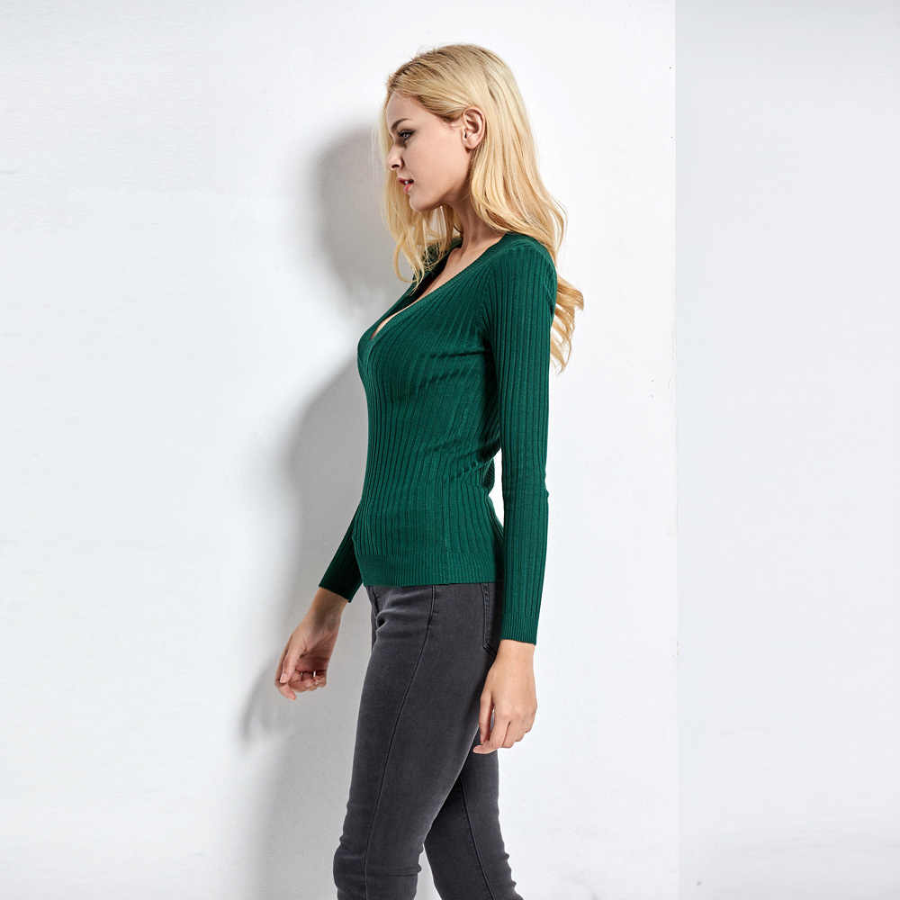 Spring Deep V Forest Green Pullovers Woman Stretch Knitted Sweater Women Elastic All Match Size Jumper Basic Tops C3554 201225
