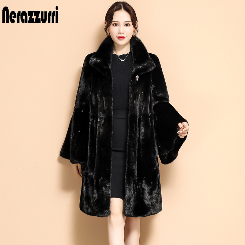Nerazzurri Winter black pleated faux fur coat long flare sleeve stand collar Skirted soft plus size fluffy faux fur jacket women 201110