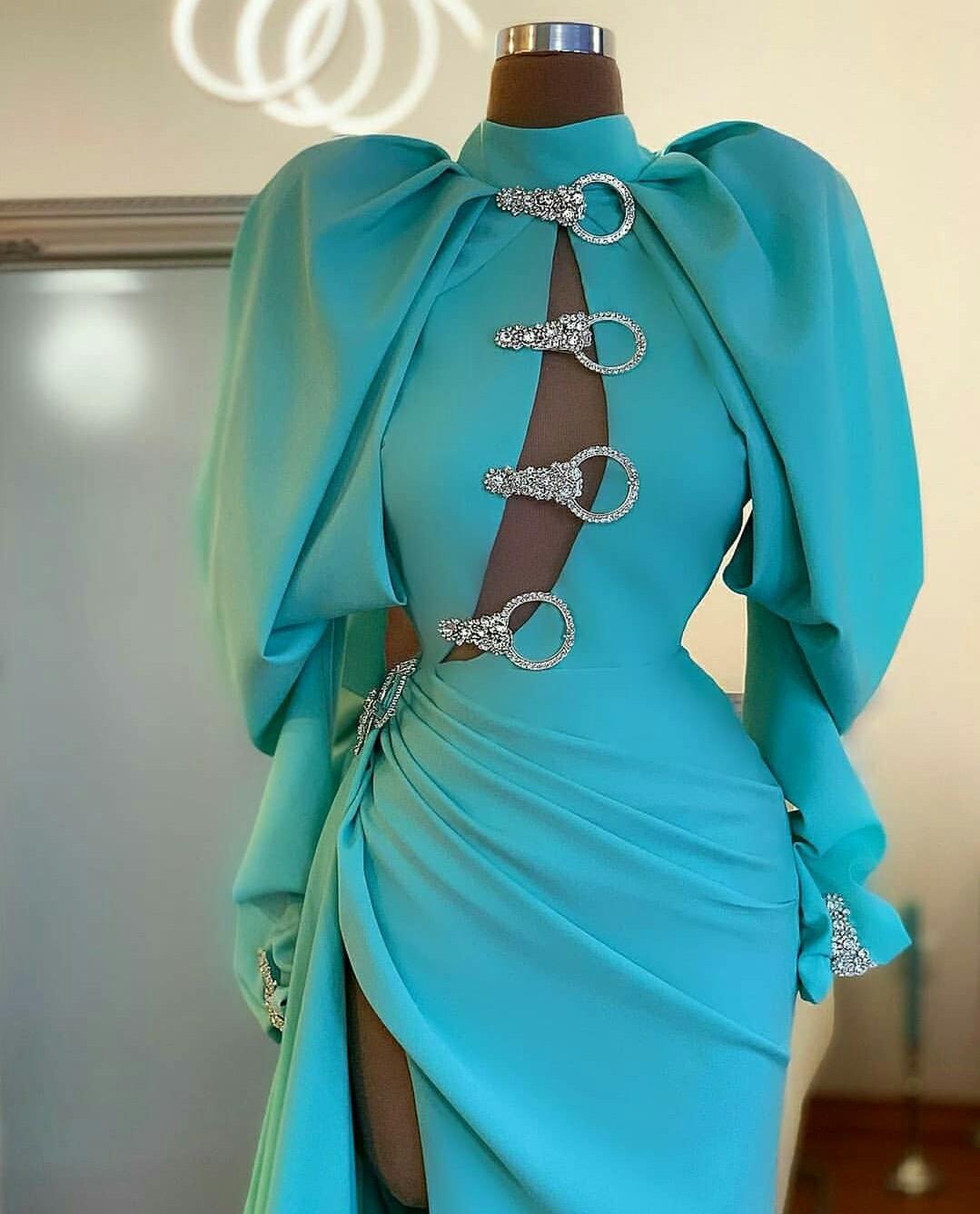 High Neck Blue Evening Dresses Long Sleeves Side Split Mermaid Prom Dress Custom Made Red Carpet Gowns