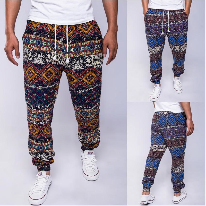 Hawaiian Men's Floral Print Cotton Linen Long Harem Pants Blue Drawstrings Pockets Man Trousers Summer Streetwear Joggers Male 201116