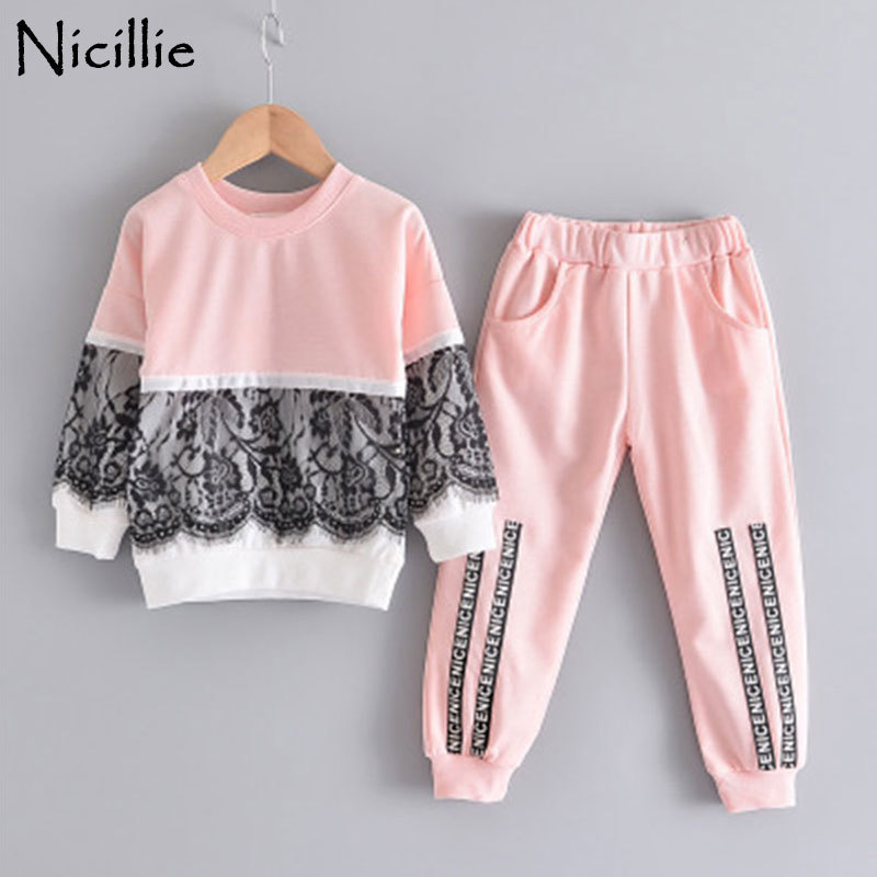 Nicillie Girls Clothing Sets Spring Autumn Casual Kids Clothes Lace Children Clothing Cotton Long Sleeve T-shirt Pants Suit 2pcsX1019