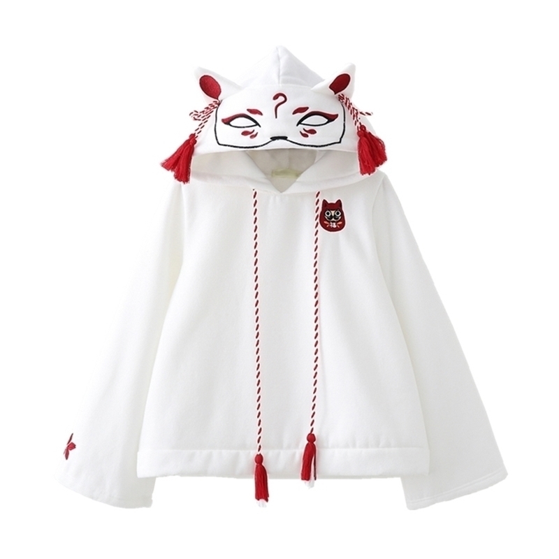 Japanese Retro 3D Fox Ear Embroidery Hoodie Cartoon Anime Girls Kawaii Hooded Pullover Hoodies Sweatshirt Harajuku Coat 201217
