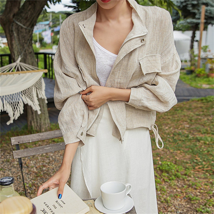 Colorfaith Summer Autumn Women's Jacket Stand Collar Casual Pockets Cargo Cotton and Linen Zipper Short Tops JK8196 201112