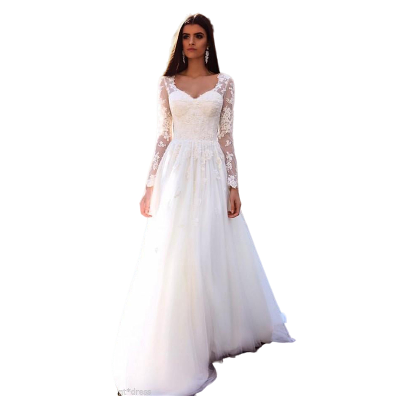 Romantic A Line Boho Beach Wedding Dress Long Sleeve Appliques Lace Tulle Flowy Bridal Gowns Summer Bohemian Bride Wedding Dresses 2022 Robe De Mariag